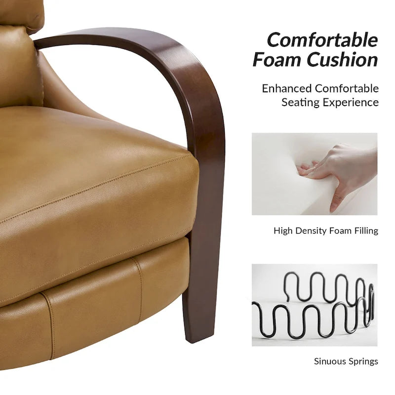 Fauteuil inclinable manuel Alex Mid-century Modern Cigar en cuir véritable avec accoudoirs incurvés en bois