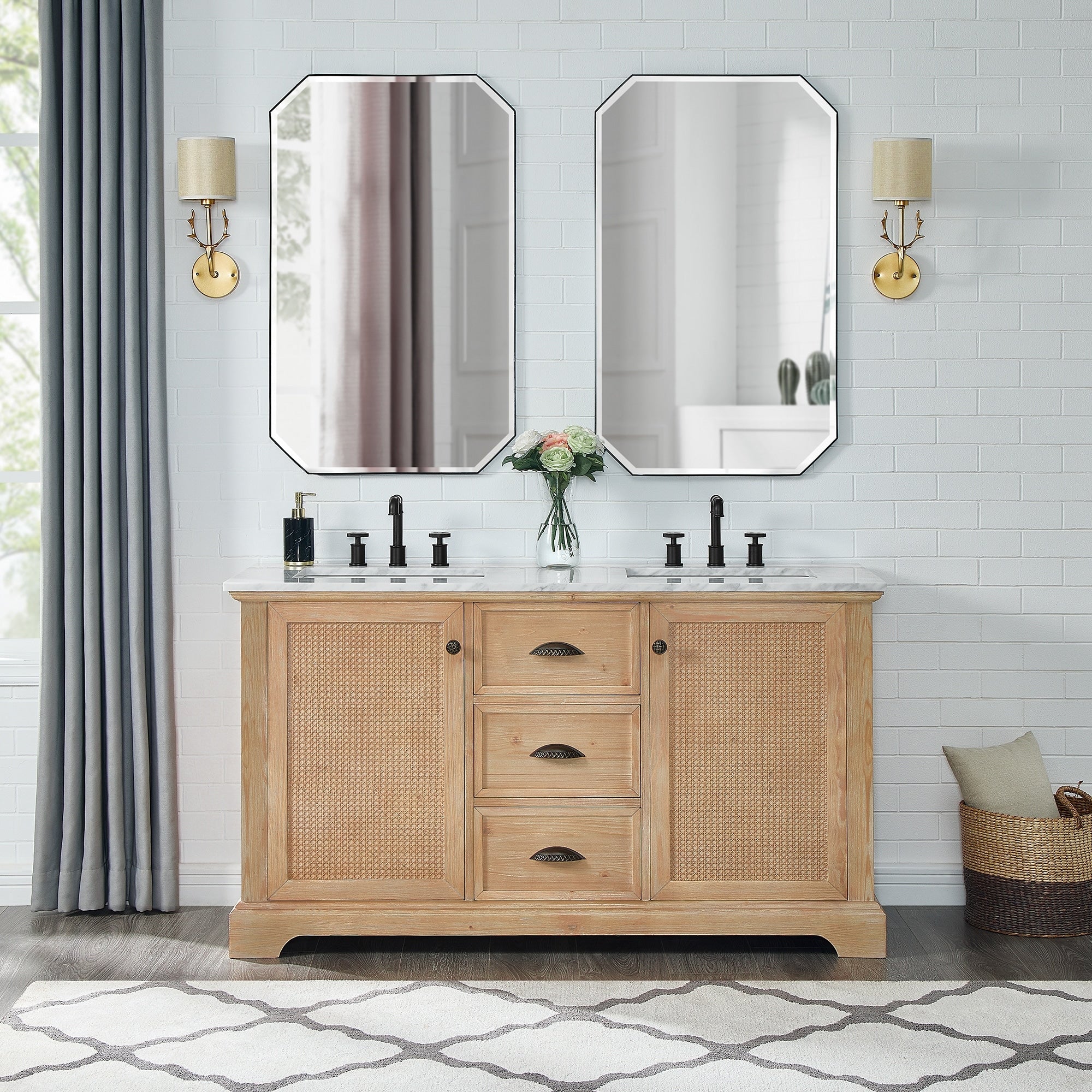 Meuble sous-vasque Hervas avec plateau en marbre naturel, sans miroir