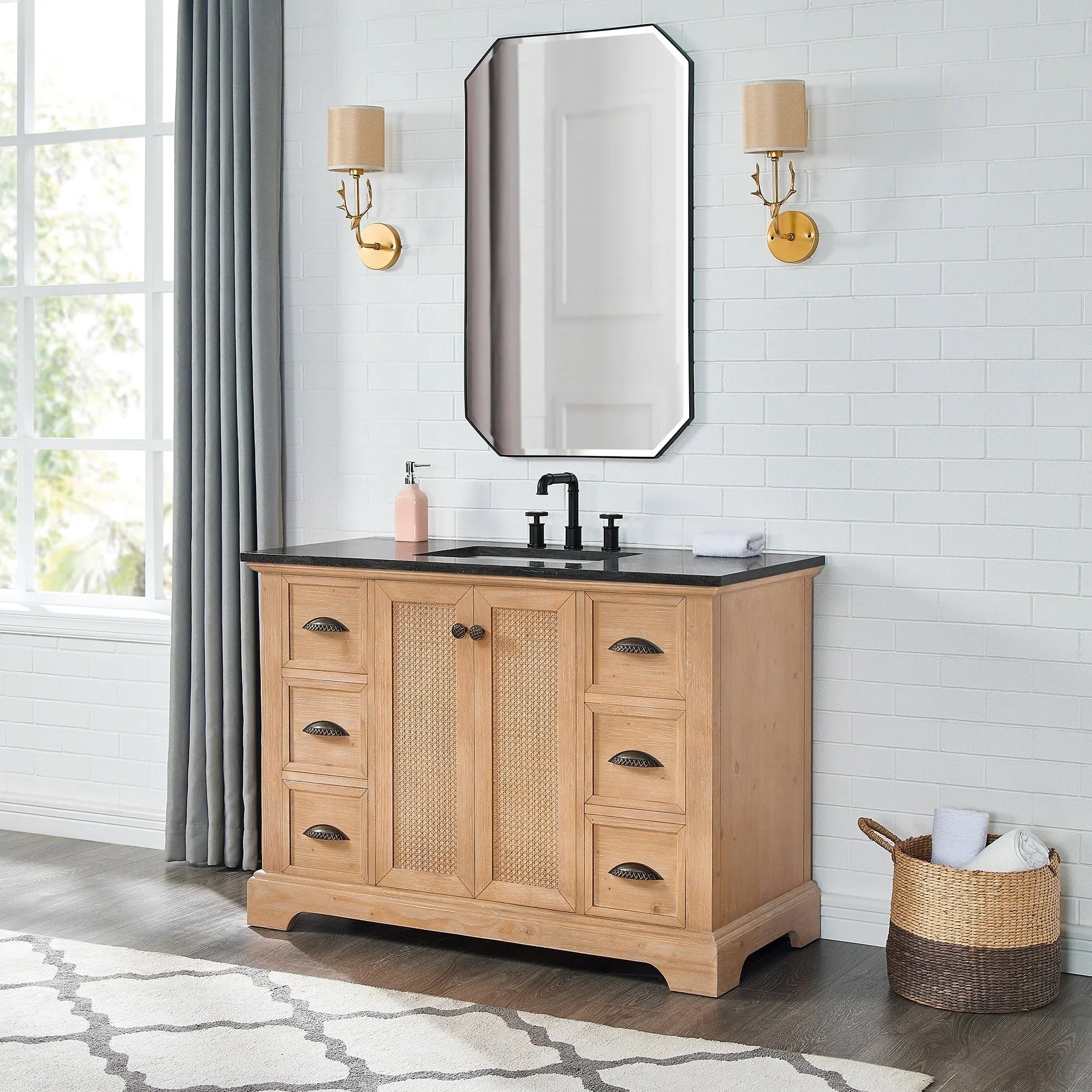 Meuble sous-vasque Hervas avec plateau en marbre naturel, sans miroir