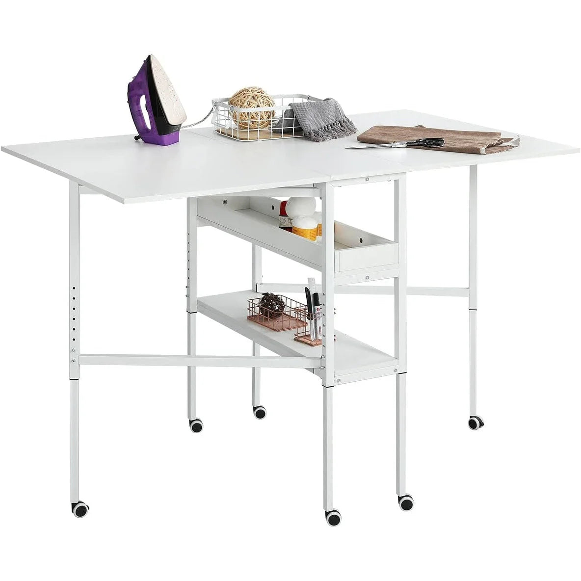 Table artisanale réglable en hauteur avec étagères de rangement, table de coupe pliante mobile pour bureau à domicile, salle de couture, salle d'artisanat