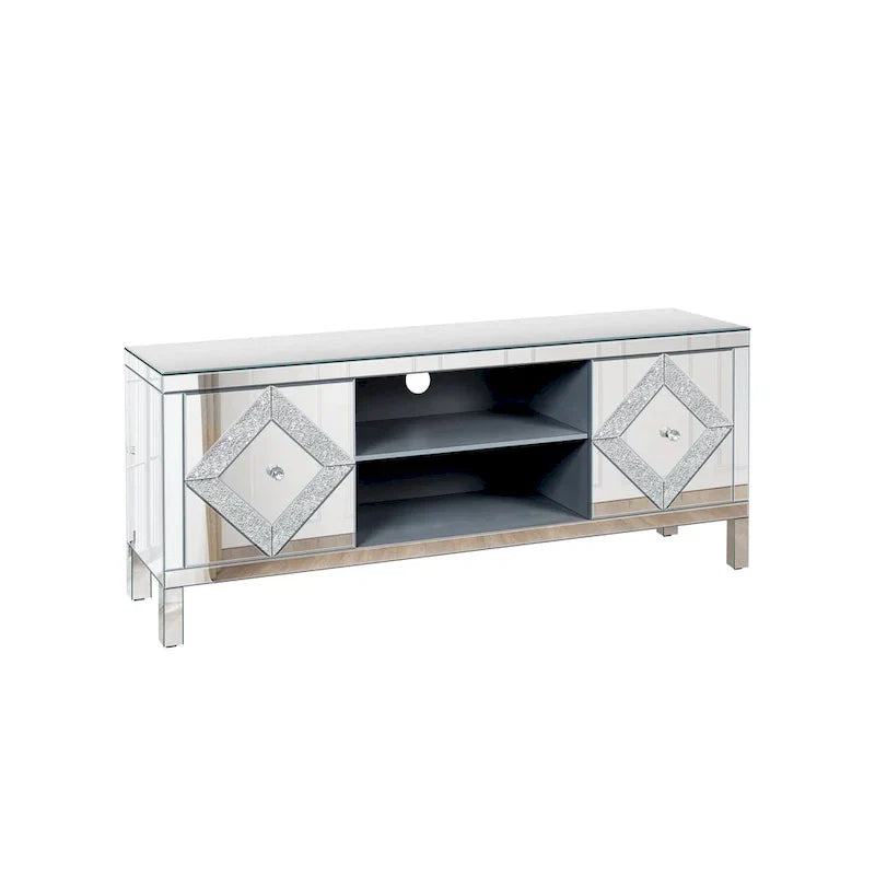 Meuble TV de 150 cm avec portes miroir en losange et rangement pour téléviseurs jusqu'à 65 pouces