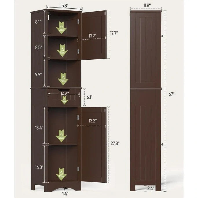Meuble de Salle de Bain Haut de 170 cm, Colonne de Rangement Étroite avec 2 Portes et Tiroir
