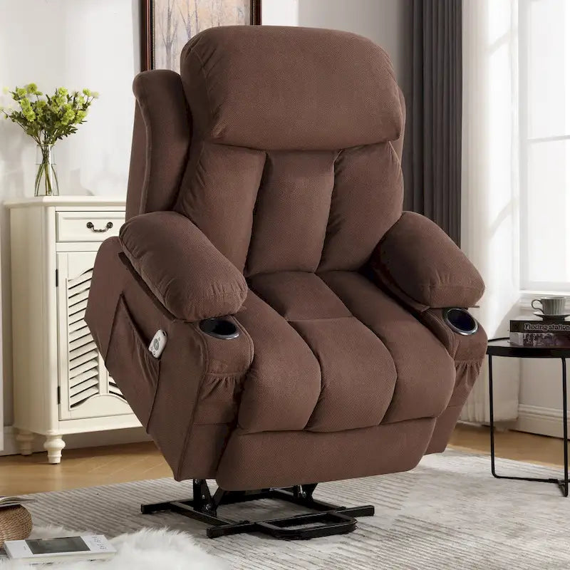 Fauteuil inclinable électrique gris avec massage chauffant, chargement USB, télécommande et poches latérales pratiques pour les personnes âgées