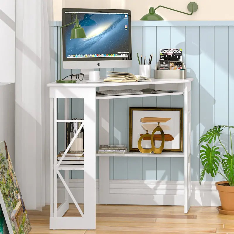 Bureau d'Angle Petit Bureau avec Prises, Table d'Angle pour Petit Espace, Bureau d'Ordinateur avec Ports USB, Bureau Triangle avec Rangement