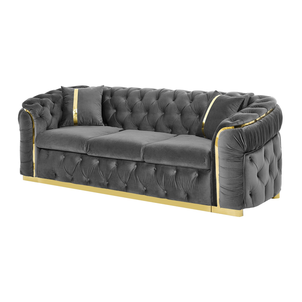Canapé 3 places Velvet 90,6 po avec 2 oreillers, coussins haute densité, accents dorés et oreillers