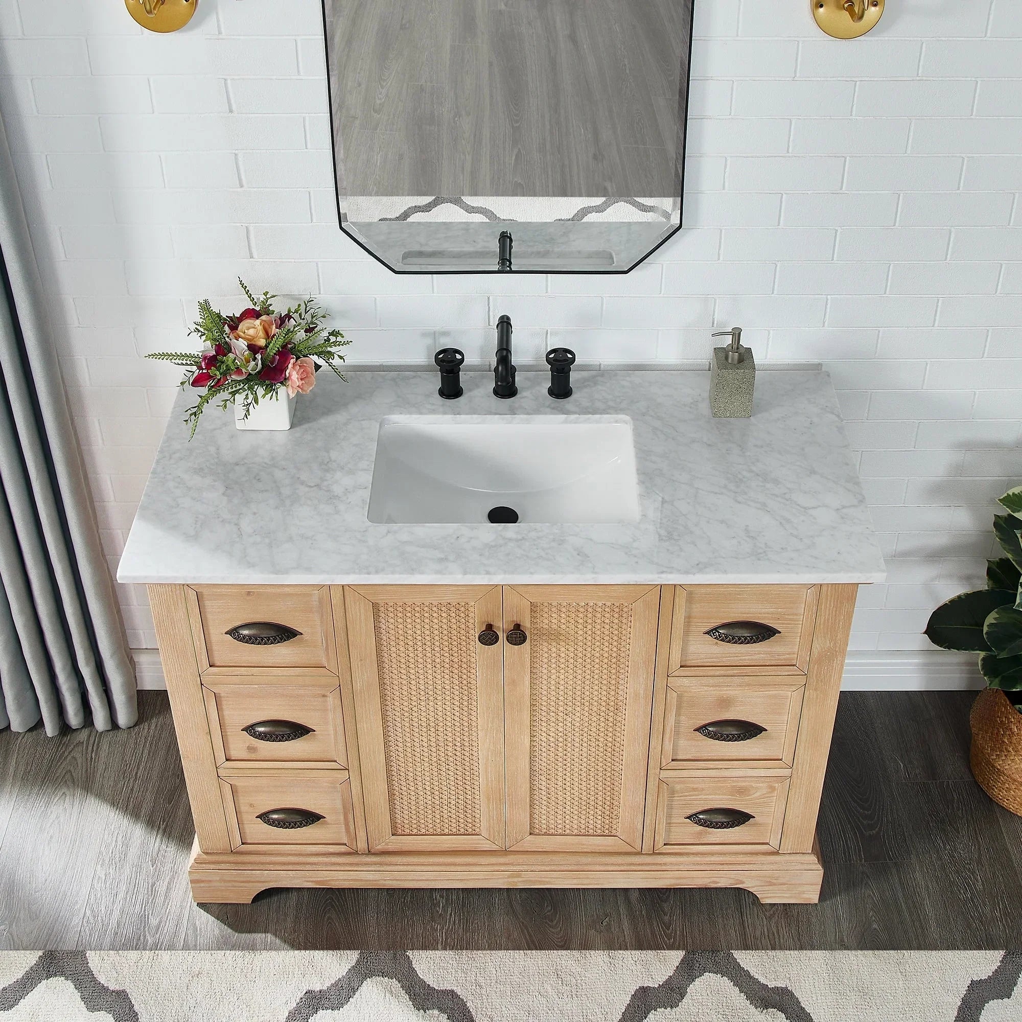 Meuble sous-vasque Hervas avec plateau en marbre naturel, sans miroir