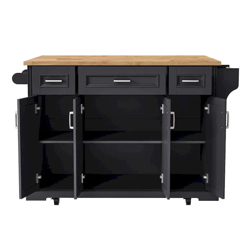 54 Grand îlot de cuisine avec plateau rabattable en bois d'hévéa, chariot de cuisine roulant à texture gaufrée sur 4 roues avec 4 portes et 3 tiroirs