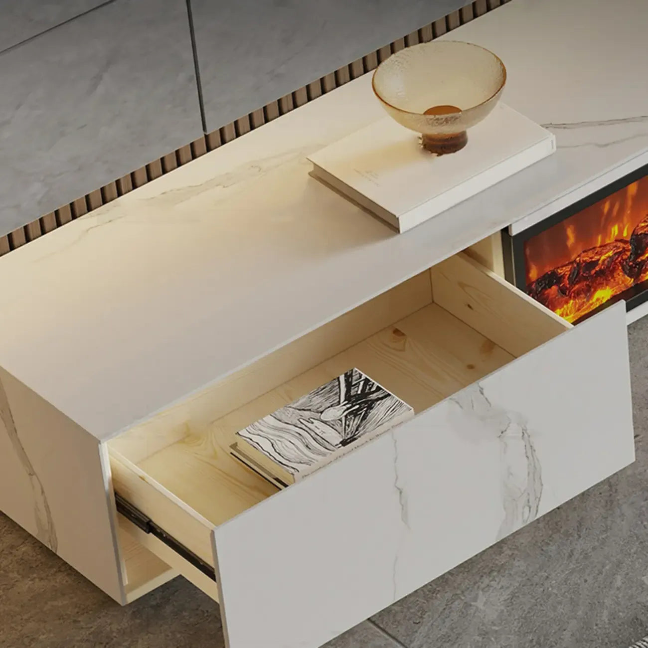 Meuble TV en pierre avec cheminée électrique noire et lumière, 87 cm de large
