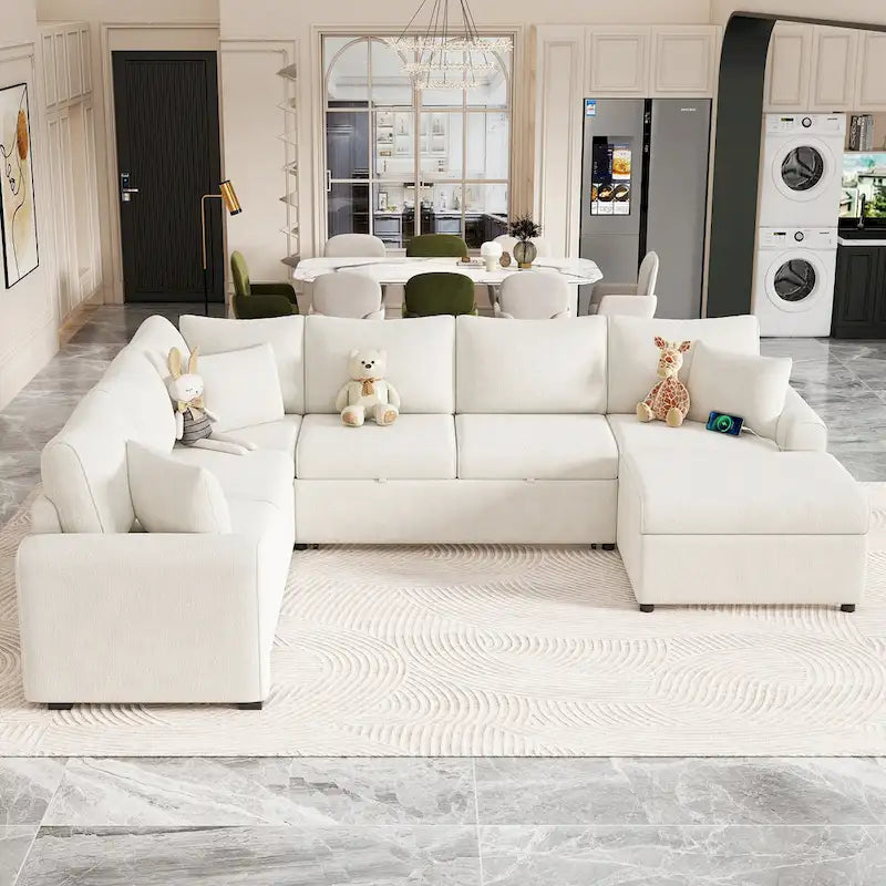 Canapé d'angle en chenille convertible, canapé-lit en forme de L avec pouf de rangement, 3 oreillers et dispositifs de charge
