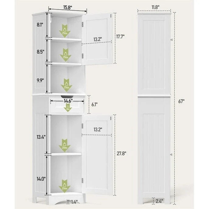 Meuble de Salle de Bain Haut de 170 cm, Colonne de Rangement Étroite avec 2 Portes et Tiroir