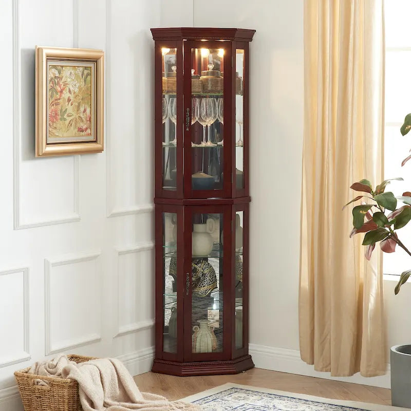 Vitrine d'angle avec éclairage, étagères réglables en verre trempé, fond miroir, meuble vitrine