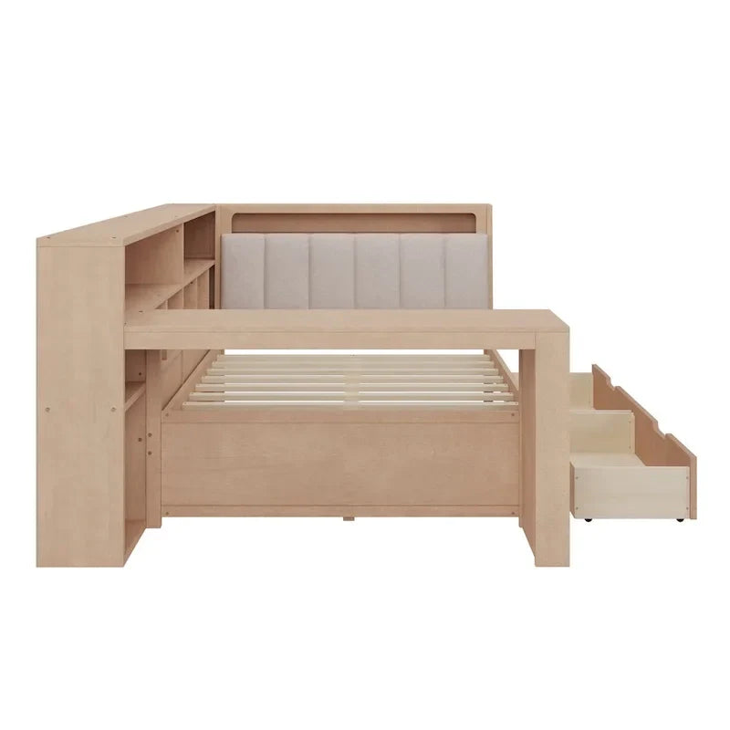 Canapé-lit d'angle en bois en forme de L avec bureau, bibliothèque, lit d'angle avec tiroirs de rangement, tête de lit rembourrée et éclairage intégré