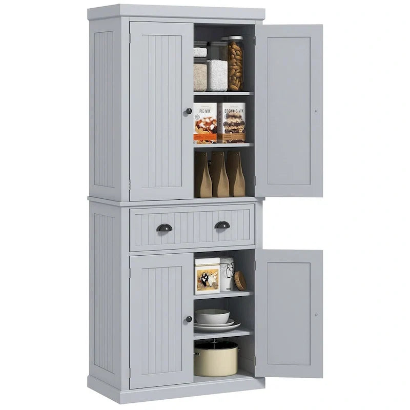 Meuble de rangement de cuisine autoportant traditionnel de 72 pouces avec 4 portes et 3 étagères réglables, grand tiroir central