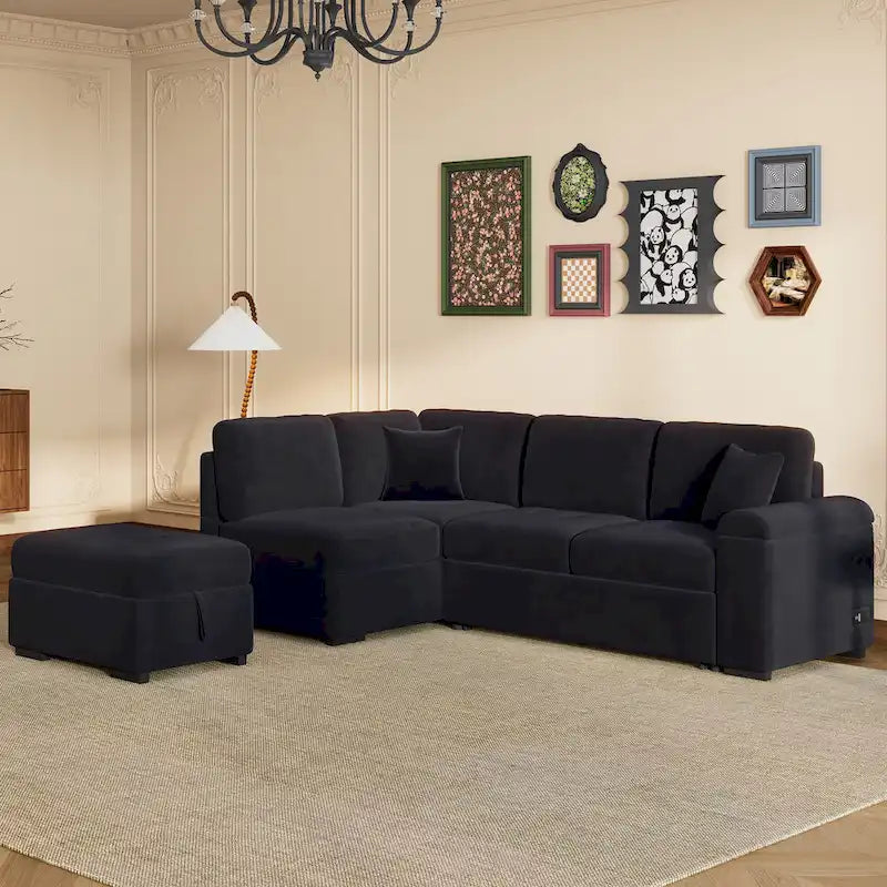 Canapé d'angle convertible 5 places en L 84,75 po avec pouf de rangement, rangement de bras dissimulé et chargement USB pour salon