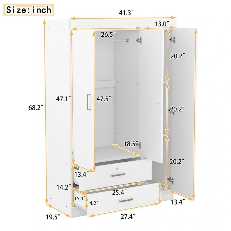 Armoire penderie 3 portes avec miroirs, étagères et 2 tiroirs