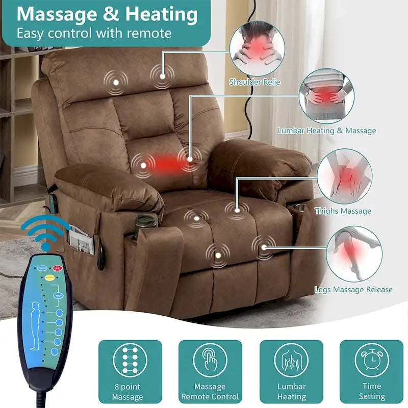 Grand fauteuil inclinable de massage électrique avec fonction de levage, chauffage et porte-gobelet dissimulé