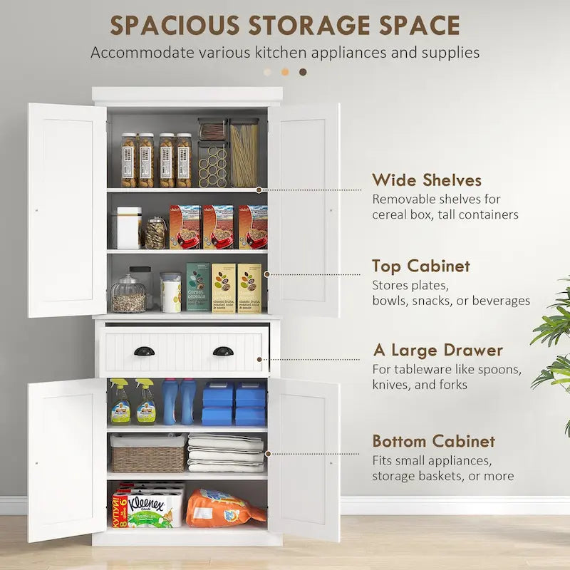 Meuble de rangement de cuisine autoportant traditionnel de 72 pouces avec 4 portes et 3 étagères réglables, grand tiroir central