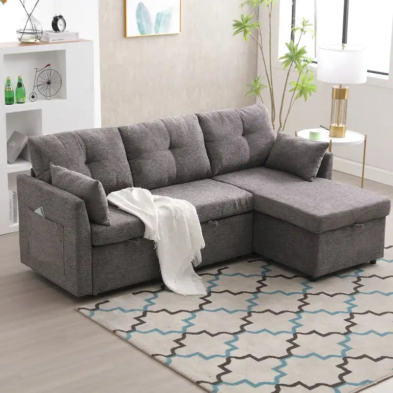 Canapé d'angle réversible en velours côtelé/chenille avec chaise longue de rangement et poche latérale