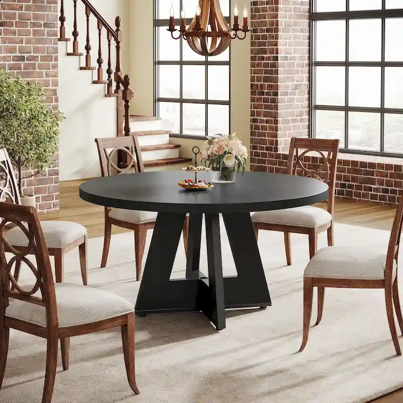 Table à manger ronde de 120 cm pour 4 personnes, table de salle à manger/cuisine/salon en bois style ferme