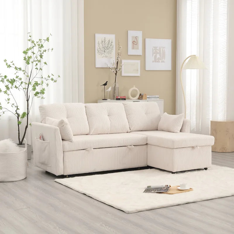 Canapé d'angle réversible en velours côtelé/chenille avec chaise longue de rangement et poche latérale