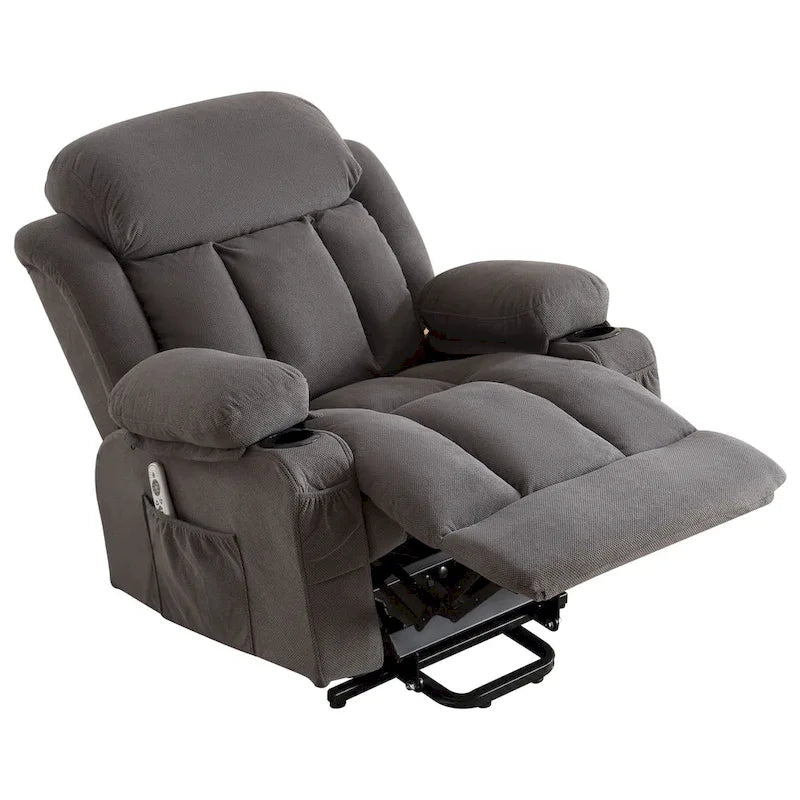 Fauteuil inclinable électrique gris avec massage chauffant, chargement USB, télécommande et poches latérales pratiques pour les personnes âgées