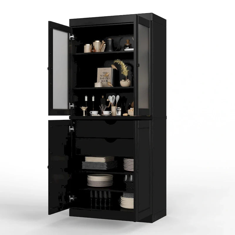 Meuble de rangement en bois massif avec portes en verre dépoli, portes pleines, 2 tiroirs et étagères réglables