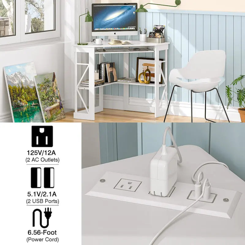 Bureau d'Angle Petit Bureau avec Prises, Table d'Angle pour Petit Espace, Bureau d'Ordinateur avec Ports USB, Bureau Triangle avec Rangement